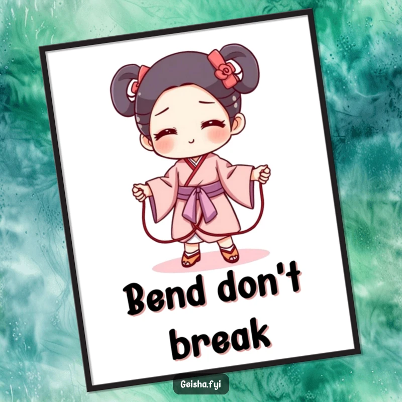 Funny geisha obi poster showing a mischievous obi character pretending to be a jump rope. Playful, humorous, and energetic wall art.