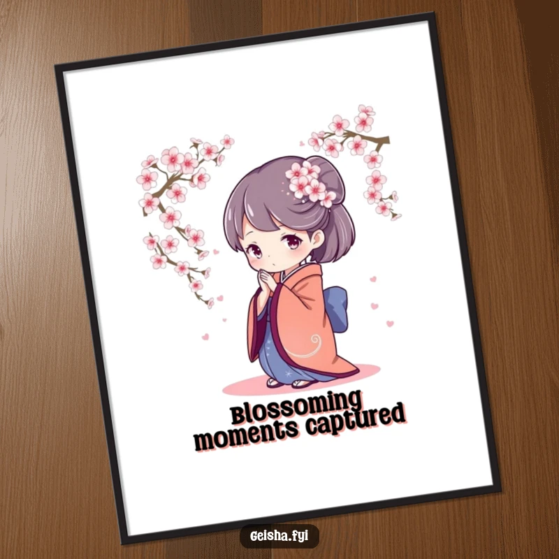Serene poster art featuring a geisha character in a graceful bow, with a shower of cherry blossoms creating a delicate and artistic ambiance.