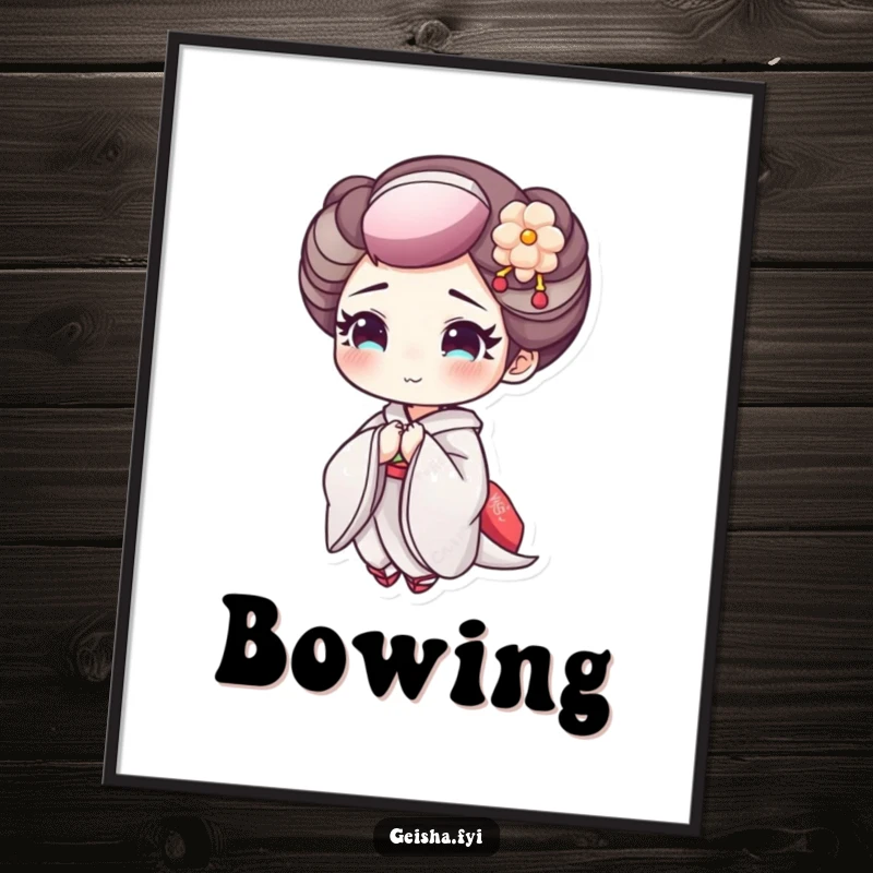 Funny Geisha Bowing Poster: An art print of a geisha character with delicate makeup bowing cheerfully.