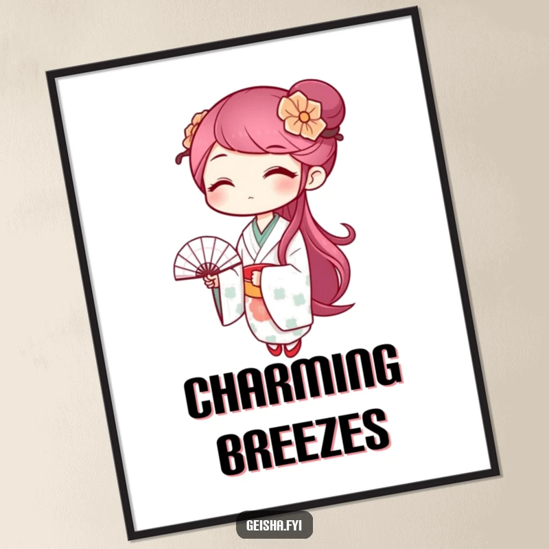 Funny geisha poster featuring a winking character playfully holding a patterned fan, a stylish and humorous art piece.