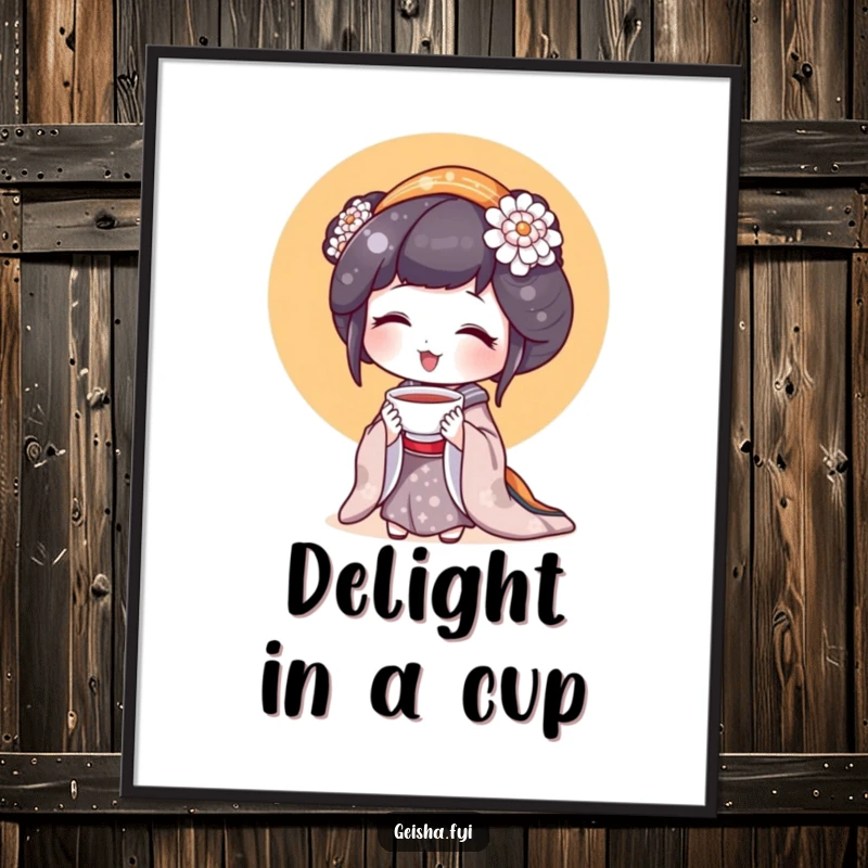 Funny Geisha Poster: Artwork of a geisha character holding a tiny teacup with a look of pure delight.