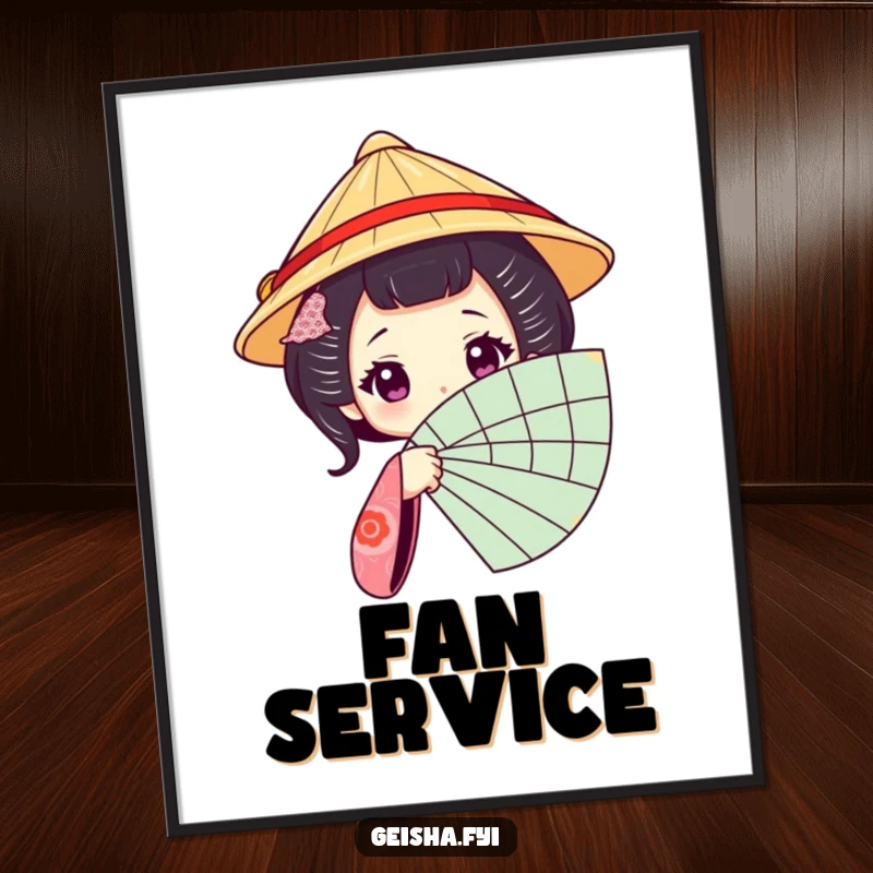 Funny Geisha Fan Poster: An art print of a geisha character in a traditional hat peeking from behind a fan.