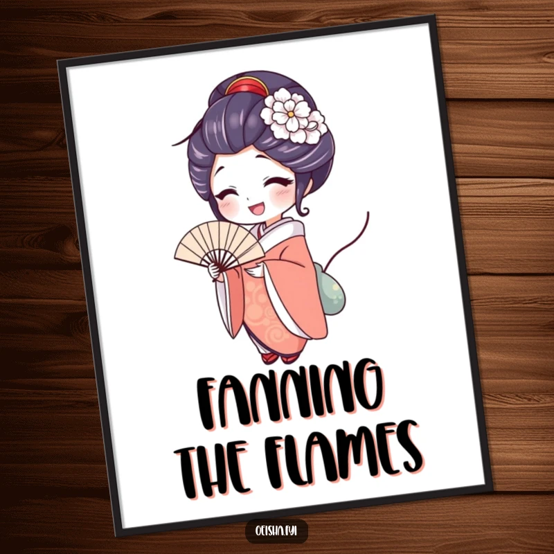 Funny geisha poster featuring a woman with a delighted expression holding an elegant fan, adding sophisticated joy and graceful ambiance to decor.