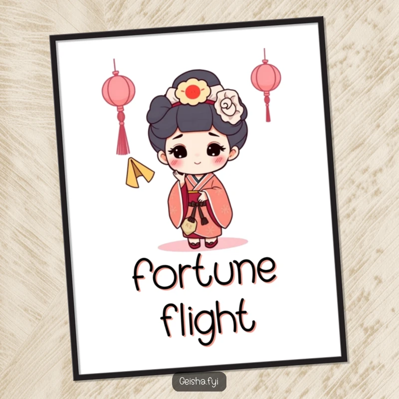 Funny Fortune Cookie Geisha Poster: An art print of a geisha character happily tossing a fortune cookie.