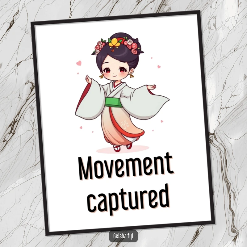 Funny Geisha Poster: Joyful character dances with flowing sleeves, dynamic and humorous wall art.