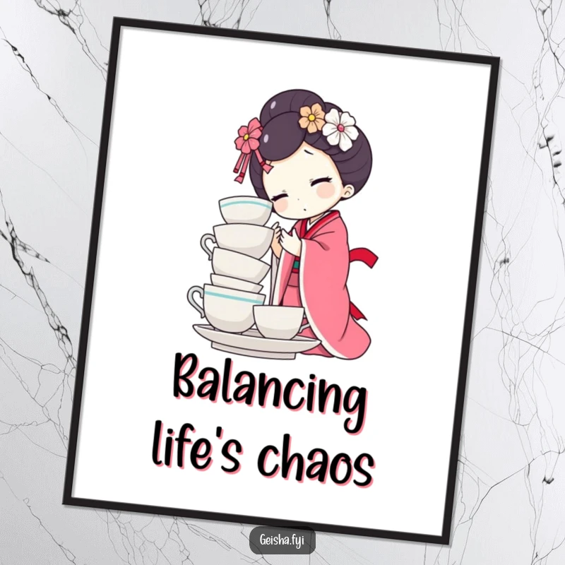 Funny geisha doll poster of character hilariously attempting to balance a tall stack of teacups. Whimsical, comedic wall art.