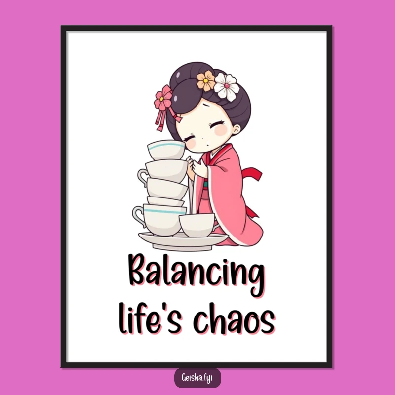 Funny Geisha Doll Teacup Balance Poster - Whimsical Wall Art Gift