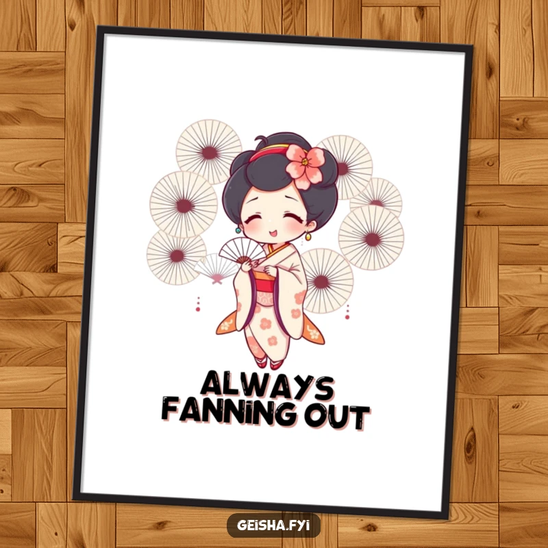 Funny geisha poster showing a joyful geisha fanning herself with many fans, exuding happiness and style.