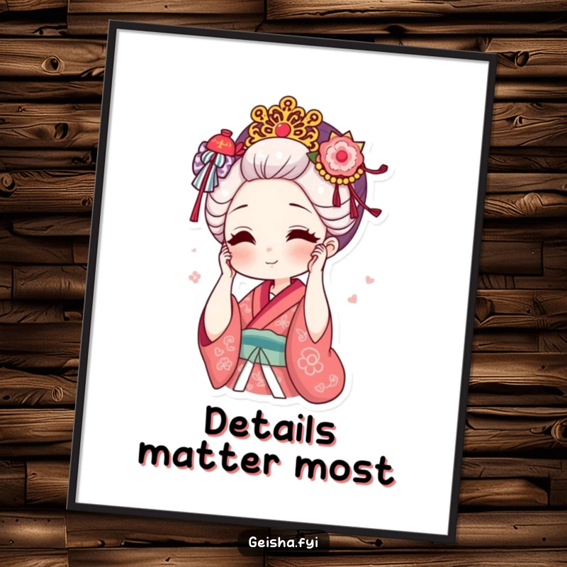 Funny geisha adjusting ornate hair accessory with a smile poster, elegant artwork, humorous detail, perfect funny gift.