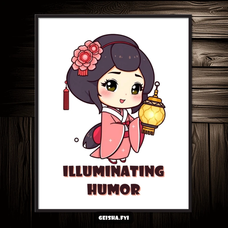 Funny Geisha Poster: Playful character winks holding a shimmering lantern, luminous and humorous wall art.