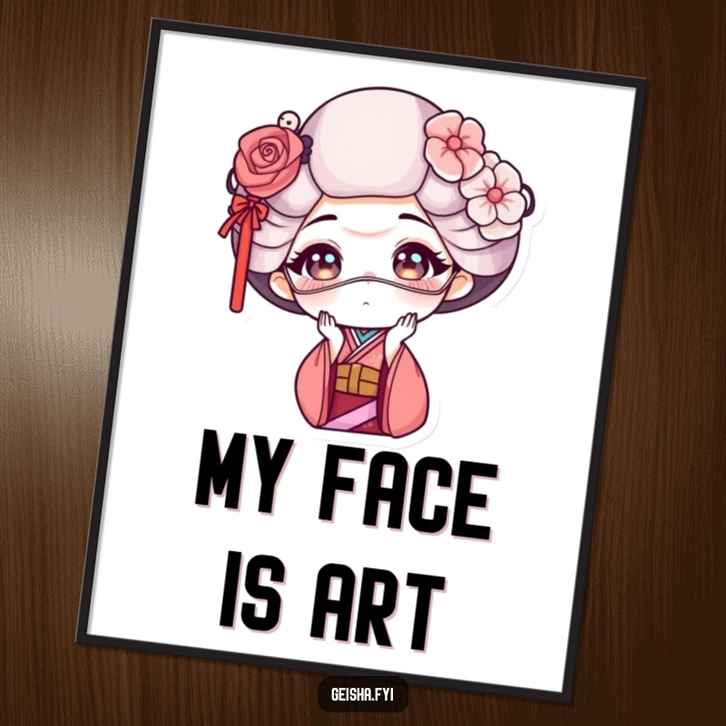 Funny geisha poster showing a geisha making a comical face while holding a delicate mask, perfect for adding humor.