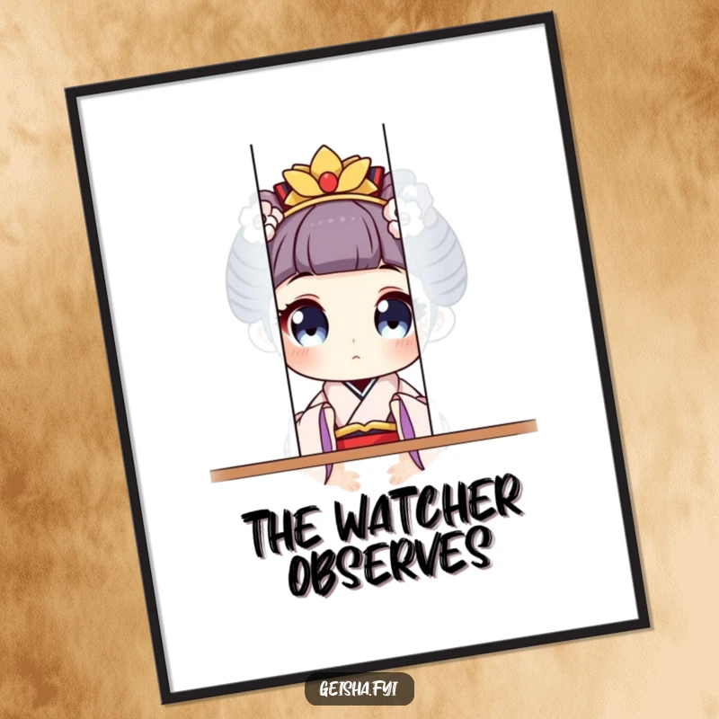 Funny geisha character with large, curious eyes playfully peeking from behind a screen on this humorous poster.