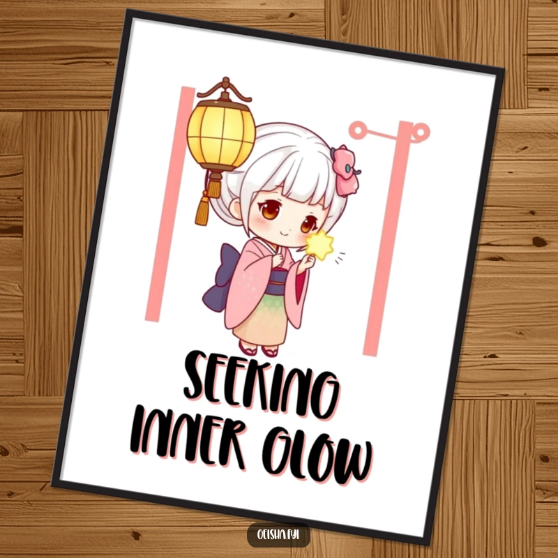 Funny geisha poster showcasing a curious character's fascination with a brightly lit, magical lantern, artful and humorous.