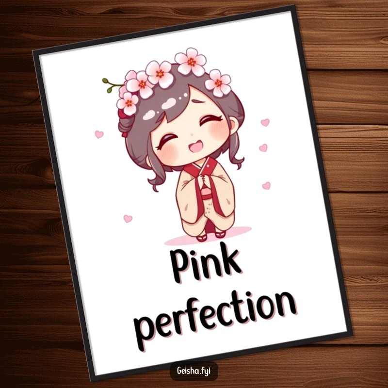 Funny poster of a geisha character giggling as a delicate cherry blossom gently falls on her head.