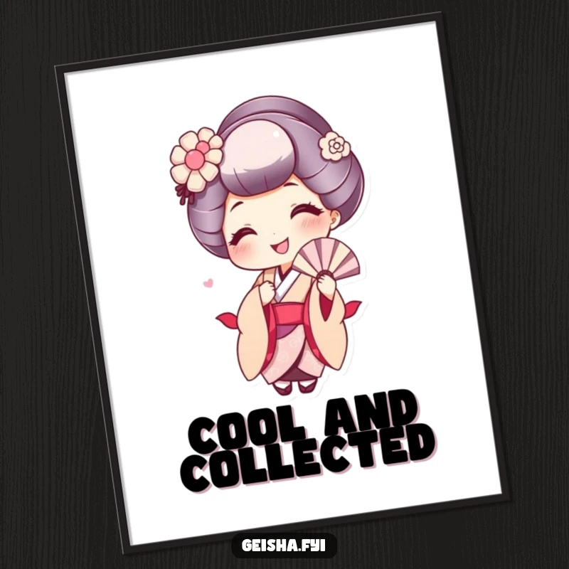 Funny poster of a cute geisha with a wide smile, playfully fanning herself, radiating cheerful energy.