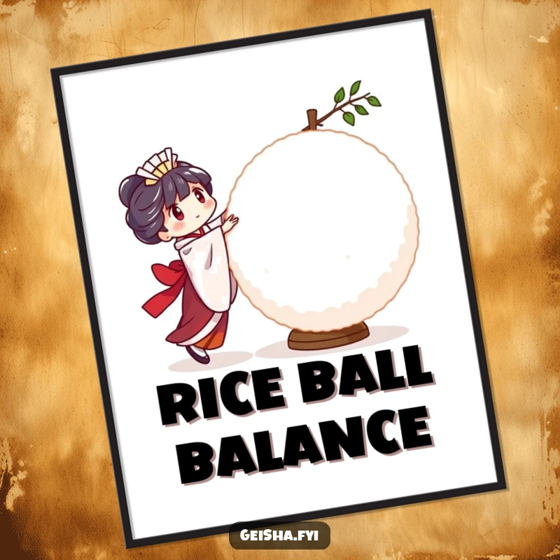 Funny Geisha Rice Ball Poster: a character in a comical pose, trying to balance a large, wobbly rice ball with great effort.