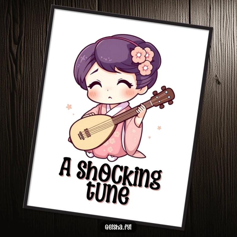 Funny Geisha Poster: Surprised character plays a tiny shamisen, humorous wall art for music and comedy fans.