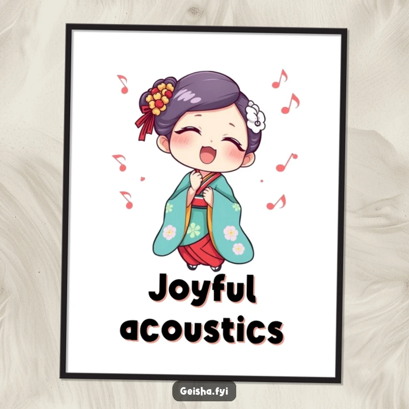 Funny Geisha Poster: A colorful artwork of a geisha singing with delight, surrounded by musical notes, bringing musical cheer.