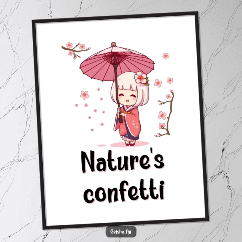Funny geisha umbrella poster showing character giggling while catching cherry blossoms. Cheerful, whimsical, and lovely wall art.