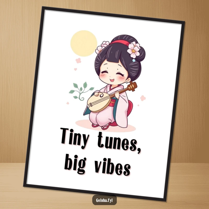 Funny geisha poster depicting a woman giggling hysterically while playing a miniature shamisen, adding musical comedy to any room.