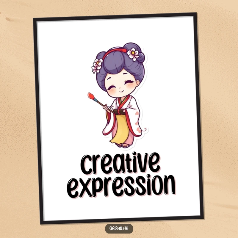 Funny poster of a joyful geisha character creating art on a tiny scroll, celebrating creativity and humor, perfect wall art.