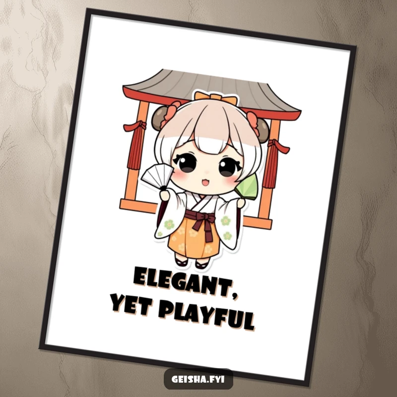 Funny kawaii character in traditional Japanese clothing playfully tossing a fan, presented as elegant and humorous wall art.