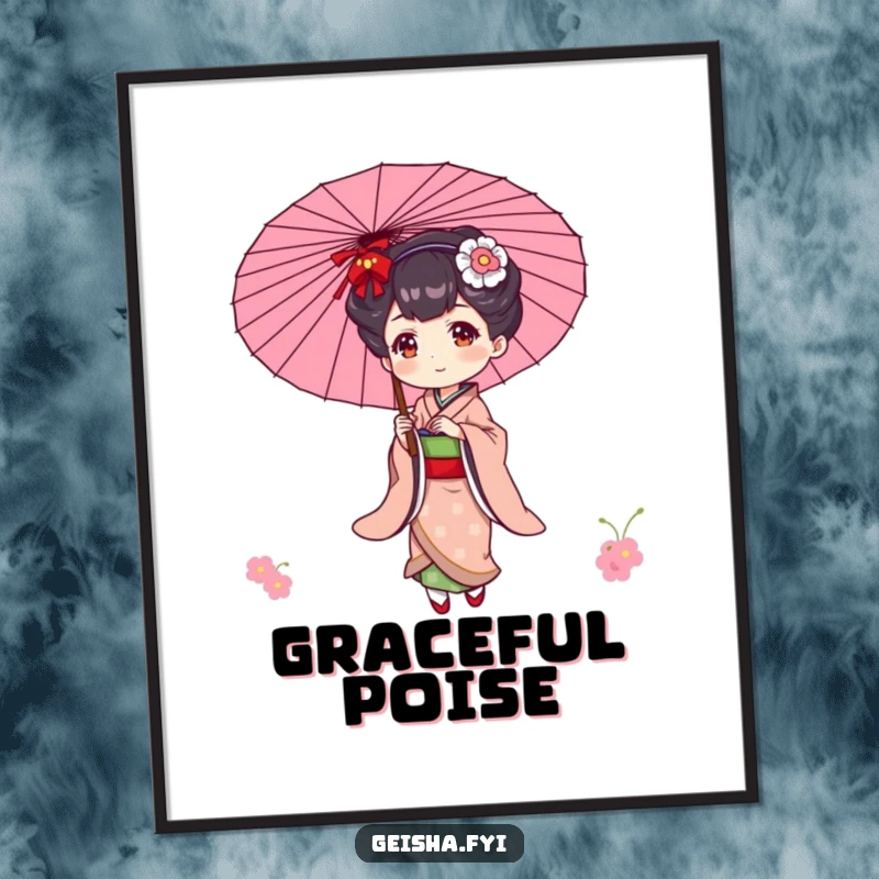 Funny poster of an elegant geisha character playfully balancing a decorative parasol with poise and charm.