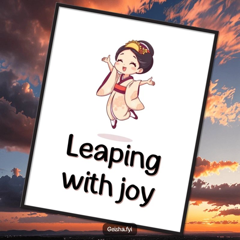 Funny geisha poster featuring a woman in a tiny, joyful leap, capturing dynamic movement and infectious happiness for wall decor.
