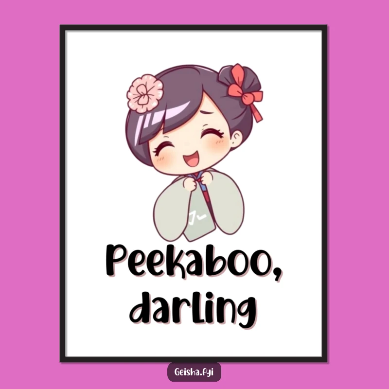 Funny Giggling Geisha Poster: Playful Fan Hiding Wall Art Gift