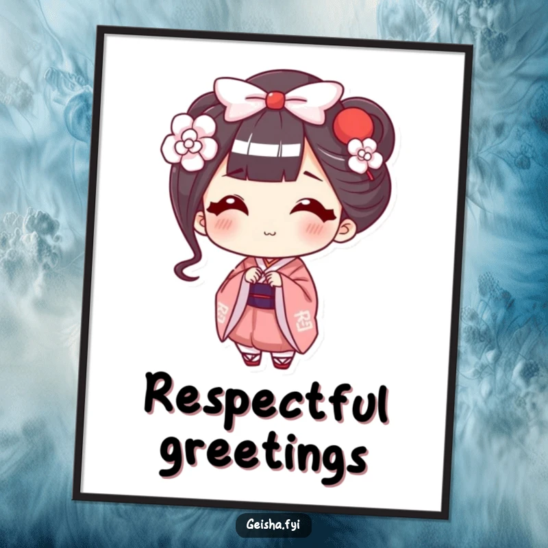 Funny Geisha Poster: A happy character offers a delicate, smiling bow, creating a warm, humorous, and inviting atmosphere.