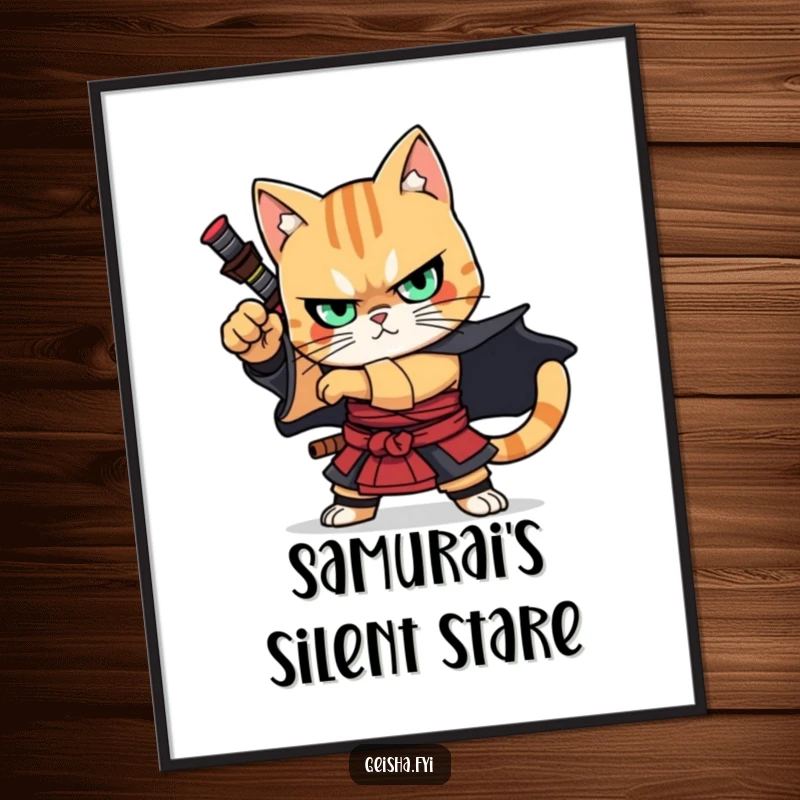 Funny Poster: A striking illustration of a cat samurai in a dynamic, dramatic pose, ready for battle, exuding strength and feline power.