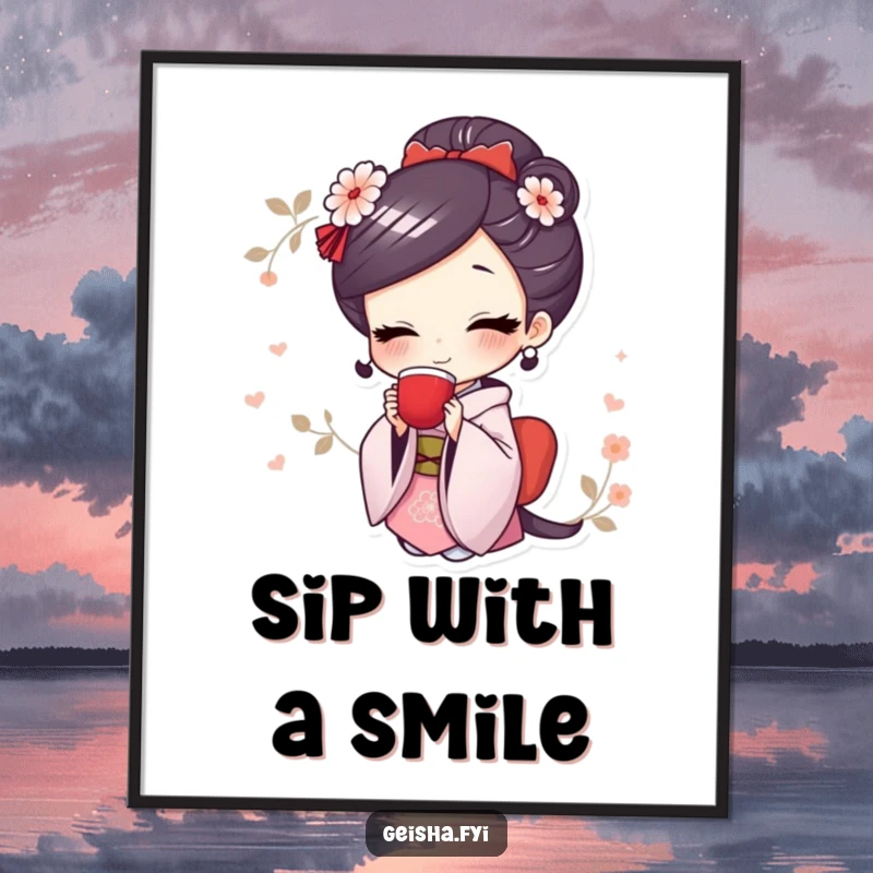 Funny poster print of a cute geisha character with a joyful smile elegantly sipping tea from a delicate cup.