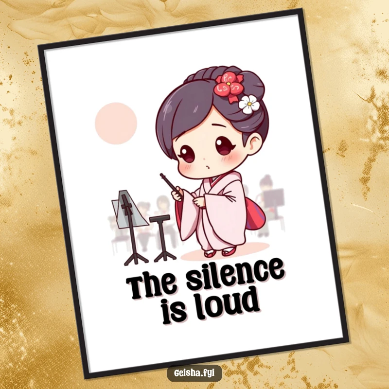 Funny Geisha pretending to conduct an invisible orchestra, humorous and dramatic wall art.