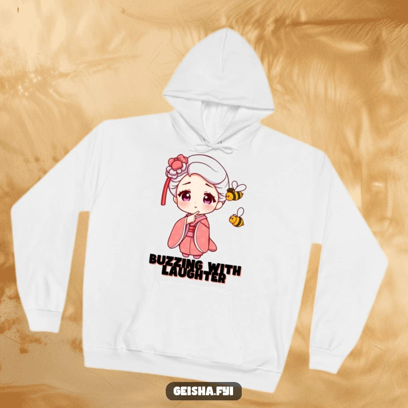 Funny Geisha Hoodie depicting an amused character pointing at a small, buzzing bee, offering warmth and a chuckle.