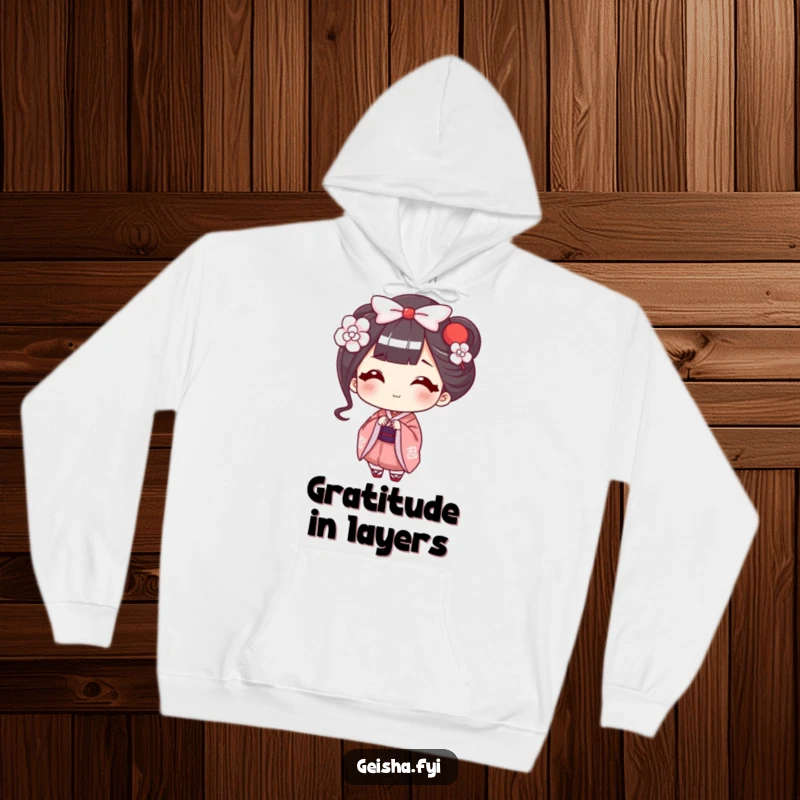 Funny Geisha Hoodie: A happy character offers a smiling bow, providing cozy warmth and a touch of humorous grace.