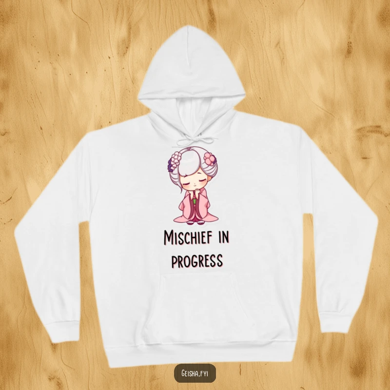 Funny geisha hoodie, cozy design featuring a character bowing deeply with a mischievous grin, great funny gift for warm cheekiness.