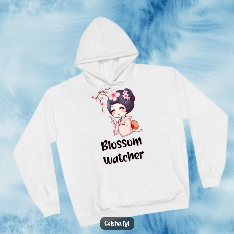 Funny geisha hoodie, a geisha with a wide smile points at a falling cherry blossom, bringing joy and warmth.