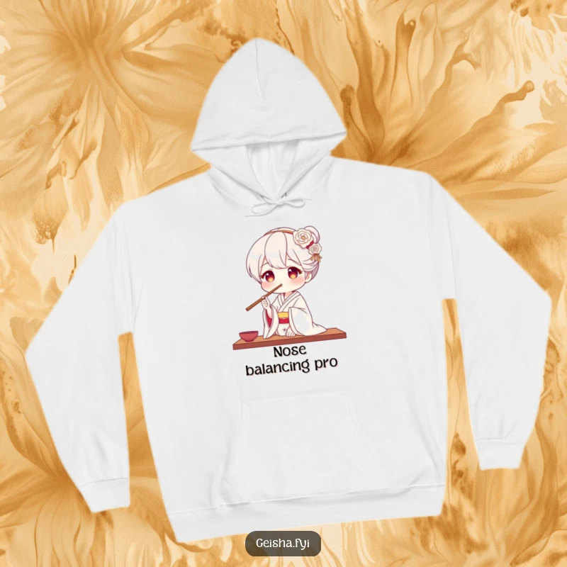 Funny geisha hoodie depicting a geisha expertly balancing chopsticks on her nose, offering cozy comfort and artistic flair.