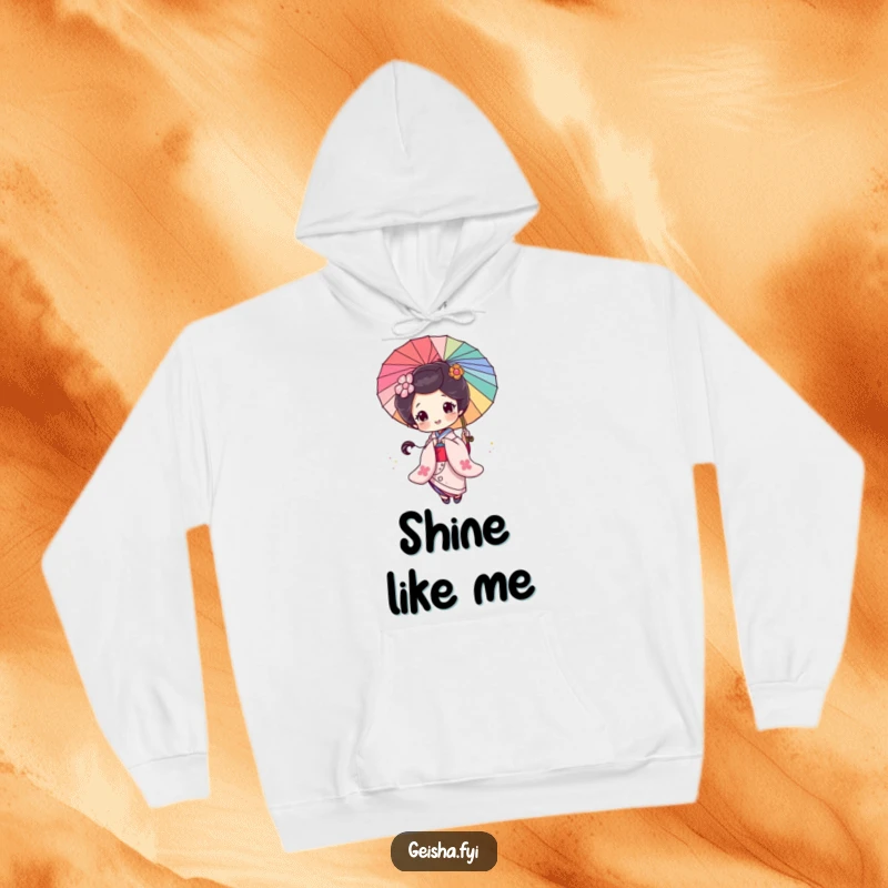 Funny Geisha Hoodie: A happy geisha character spins a sparkly parasol, leaving a magical glitter trail behind.