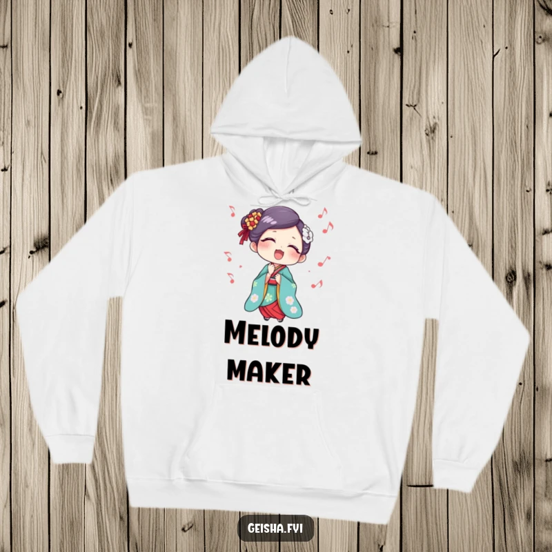 Funny Geisha Hoodie: A cozy hoodie featuring a geisha singing with delight, surrounded by musical notes, offering warmth and cheer.
