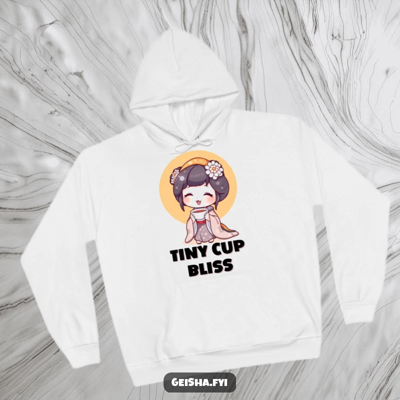 Funny Geisha Hoodie: A geisha character holds a tiny teacup, looking utterly delighted by its contents.