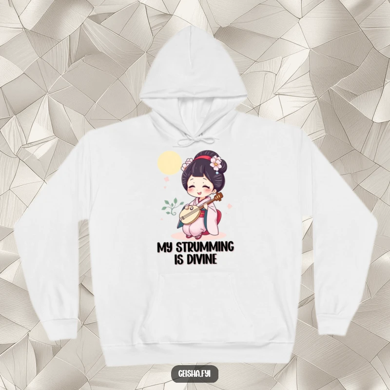 Funny geisha hoodie with a giggling character strumming a miniature shamisen, offering cozy humor and musical joy.