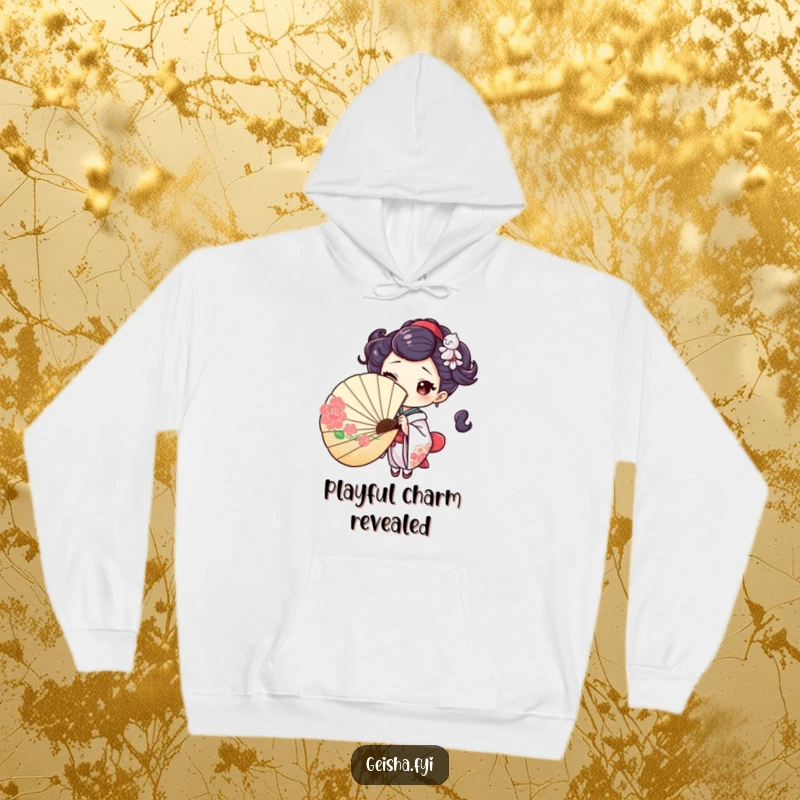 Comfortable hoodie featuring a geisha character playfully peeking out from behind a painted fan, offering a coy wink and a sense of playful secrecy.