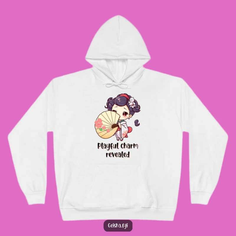 Cozy Geisha Fan Hoodie: Playful Wink, Mysterious Humorous Gift