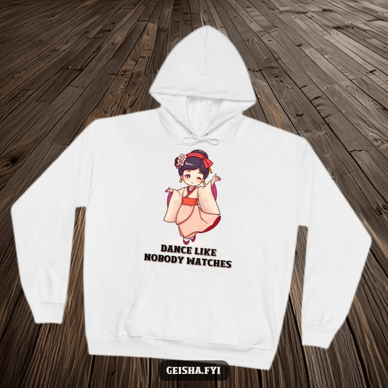 Funny Geisha Hoodie: Cheerful character gracefully twirling in a dance, providing warmth and a dose of humor.