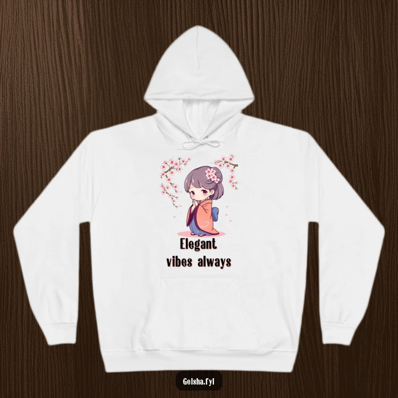 Comfortable hoodie showcasing a geisha figure bowing elegantly, with soft cherry blossoms drifting down, creating a peaceful and artistic atmosphere.