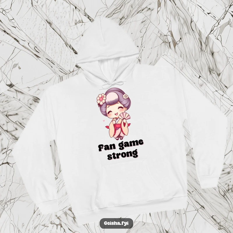 Funny cozy hoodie featuring a cute geisha character with a wide smile, fanning herself with a delicate fan.