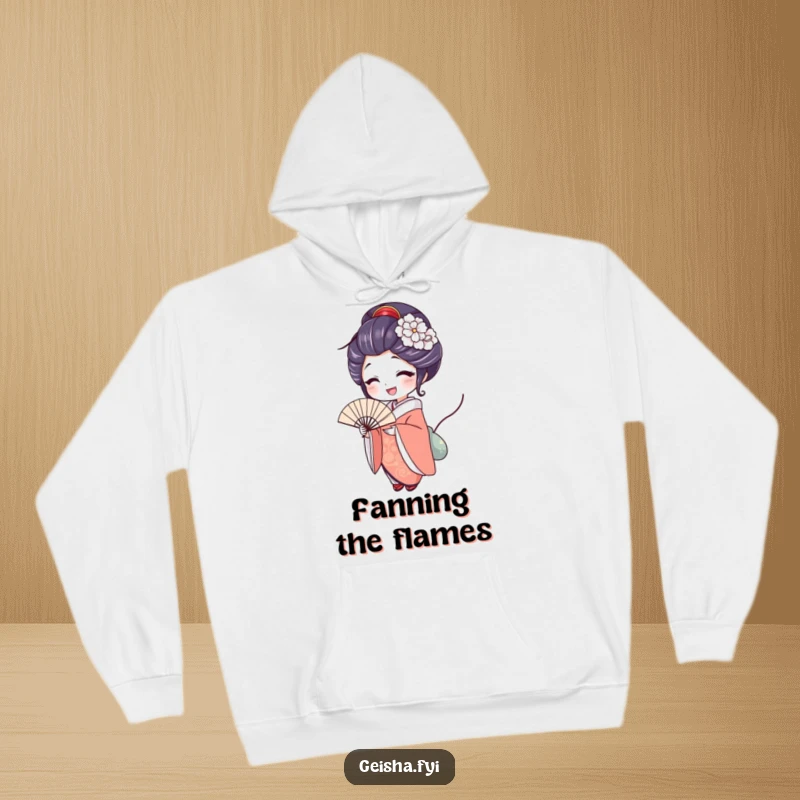 Funny geisha hoodie depicting a character with a delighted expression holding an elegant fan, offering cozy comfort and joyful elegance.
