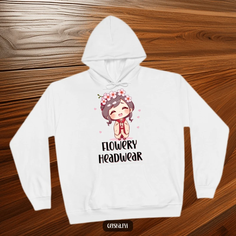 Funny cozy hoodie featuring a geisha character giggling as a cherry blossom gently falls on her head.