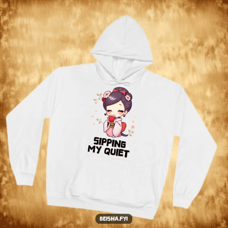 Funny hoodie showcasing a cute geisha character with a joyful smile, elegantly enjoying a cup of tea.